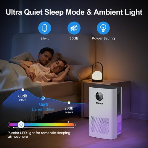 TENKER Dehumidifier for Home, 77 OZ Water Tank (1000 sq.ft) Dehumidifiers, Quiet Dehumidifier with Sleep Mode, Auto Shut Off, 7-Color LED Light for Closet Bedroom Bathroom Basement RV, White