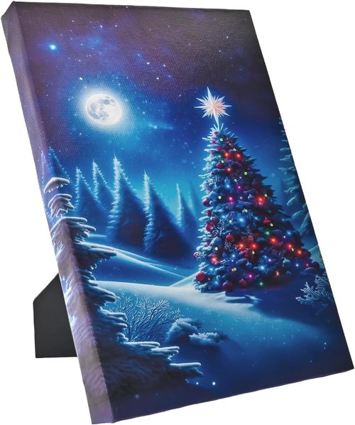 DEMAGNNIE Fiber Optic Christmas Tree Canvas Painting - LED Winter Scene Art for Tabletop or Wall Decor, 8"x6" Framed