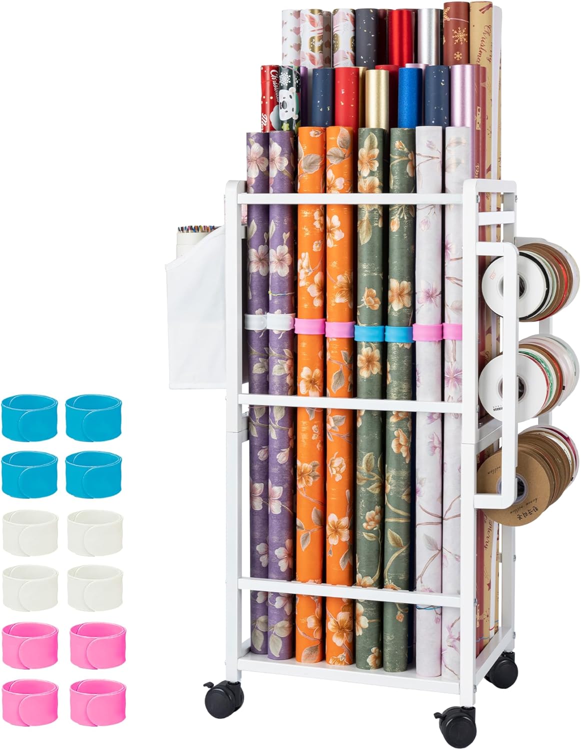 Aquzee Gift Wrapping Paper Organizer - Vertical Storage Cart with Adjustable Rod & Ribbon Holders | 12 PCS Slap Bracelets, White