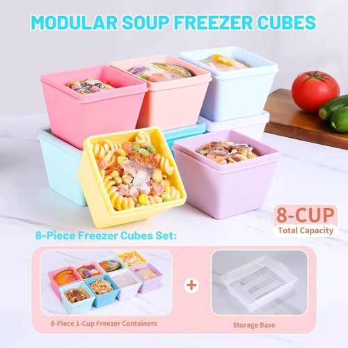 Gemice BPA-Free Silicone Freezer Molds - 8-Pack 1-Cup Portion Soup Cube Trays with Lids | Oven & Dishwasher Safe