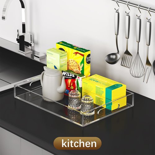 2 Pack Acrylic Serving Tray with Handle-17x12x2.4&16.2x11.2x2.4 Inch Clear Acrylic Trays Set for Kitchen,Bathroom -6mm Thick Large Stackable Display Organizer,Non Slip