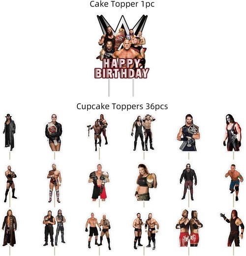 37pcs Wrestling cake decoration set include 1pc big cake topper 36pcs cupcake toppers for Wrestling Theme birthday party decor