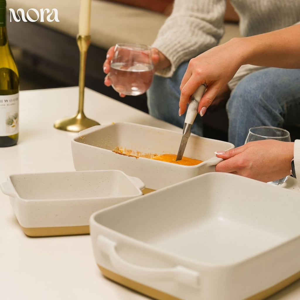 Mora Ceramic Baking Dish - Extra Deep 9x13 in Casserole Pan with Handles | Oven to Table Porcelain Bakeware - Oat