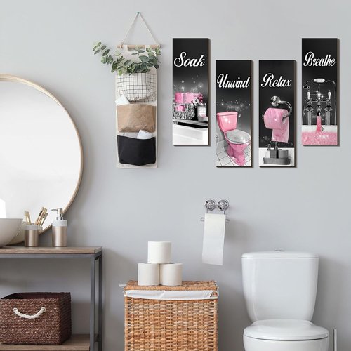 Honoson Bathroom Decor Wall Art - 4 Pcs Farmhouse Signs for Relaxation | Black & Pink