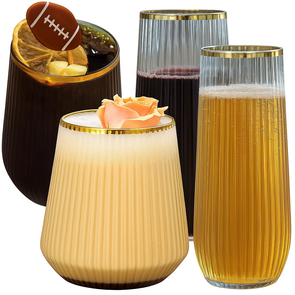 Oojami 48 Pack Ribbed Origami Ripple Plastic Glasses, 24 9 Ounce Stemless Champagne Flutes & 24 12 Ounce Cups, BPA-Free Disposable Shatterproof Toasting Glasses for Weddings Bars Events (Gold Rim)