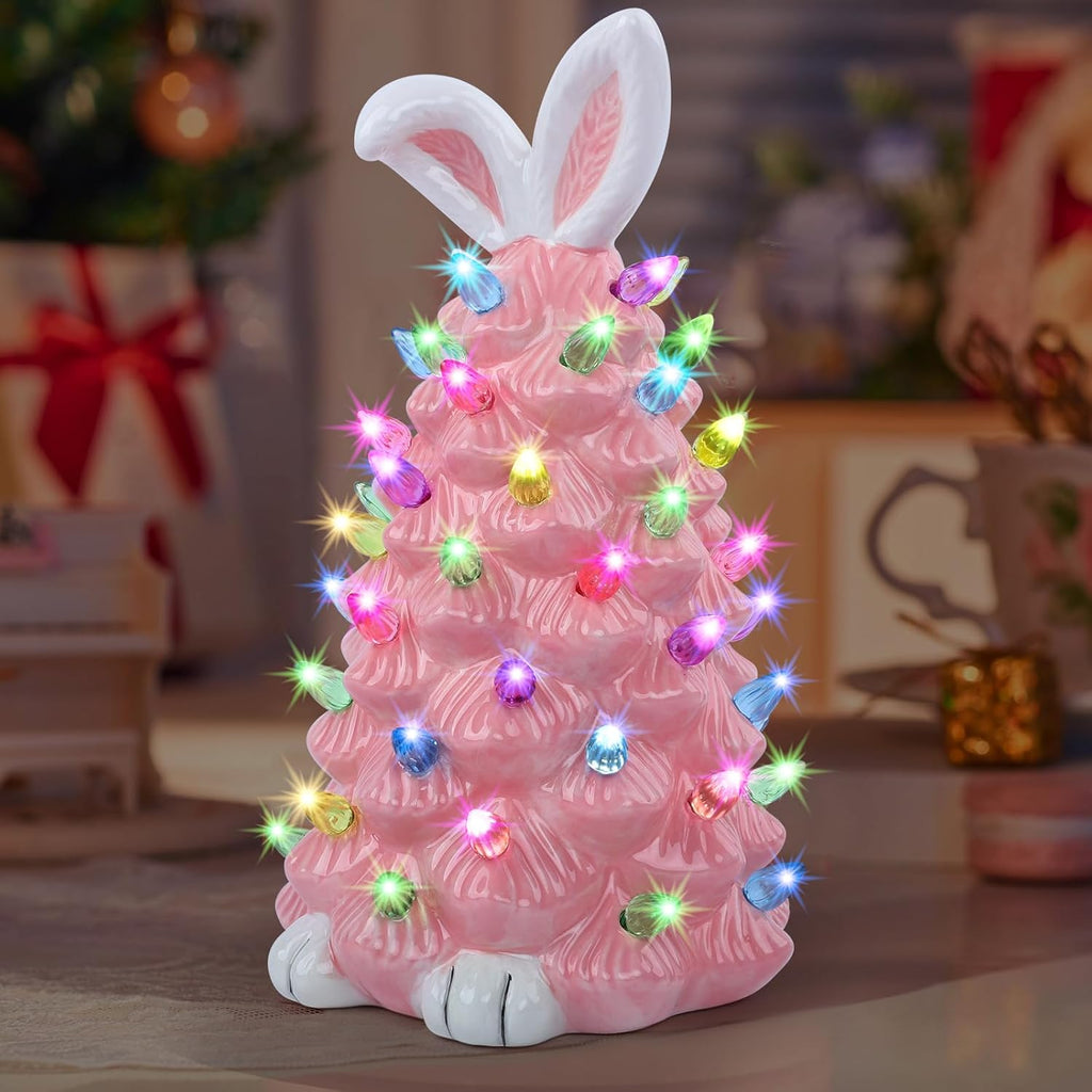 Skiennix Easter Bunny Decor - Glowing Ceramic Tree Night Light for Kids | Cute Indoor Tabletop Decoration (Pink)