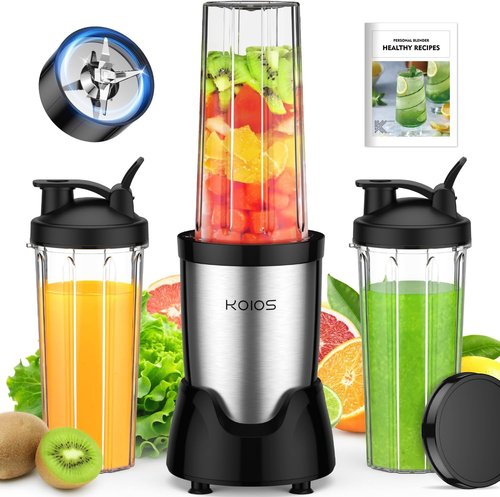 KOIOS Blender - Personal Smoothie Maker with 3 To-Go Cups | 22000 RPM, Detachable 6-Leaf Blade, Black