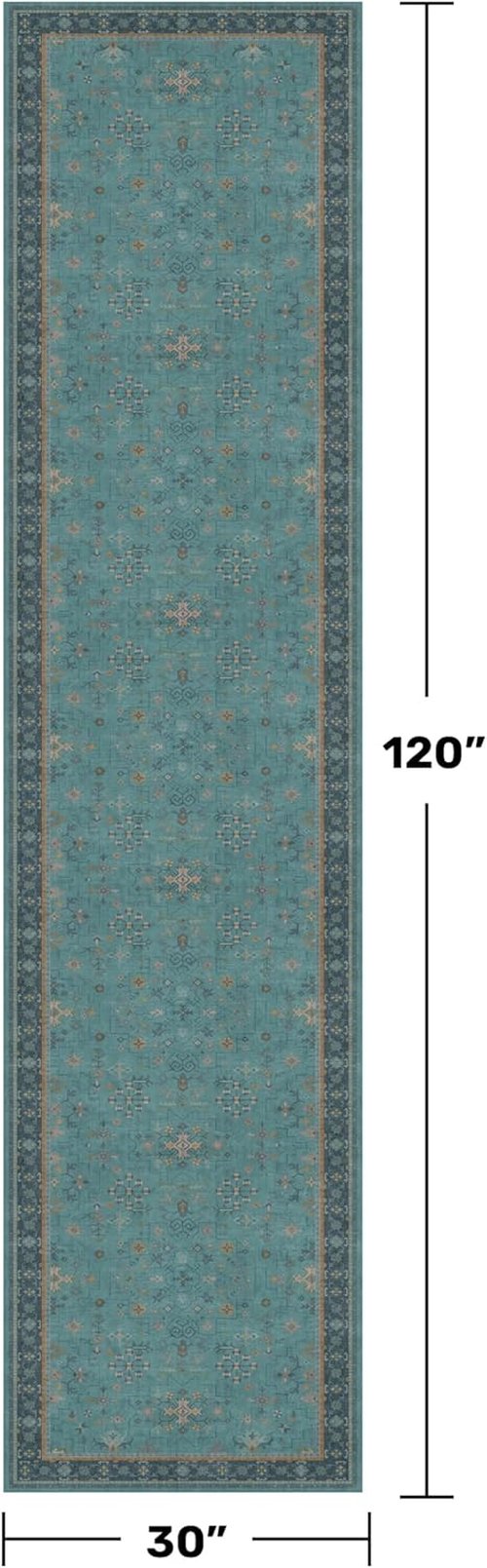 Boho Hallway Runner Rugs - Teal 10ft Washable Indoor Floor Mat with Non-Slip Rubber Backing