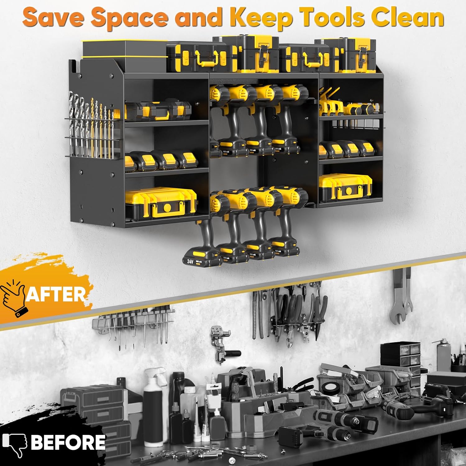 POKIPO Large Power Tool Organizer - Heavy Duty Wall Mount Drill Holder for 8 Drills - Black Utility Rack