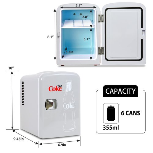 Koolatron Diet Coke Mini Fridge - Refrigerator for Bedroom Skincare Office, Portable Table Top Beverage Cooler, 12V 110V Refrigerador For Drinks, Soda, Wine, Use In Car, Dorm, Outdoor, Patio, 6 Can