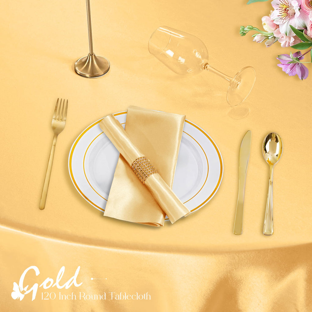 KKJIAF 4 Pack 120 Inch Round Tablecloth Satin Gold Round Table Cover, Silky Satin Dining Table Cloth for Wedding, Party, Banquet, Restaurant, Formal Events