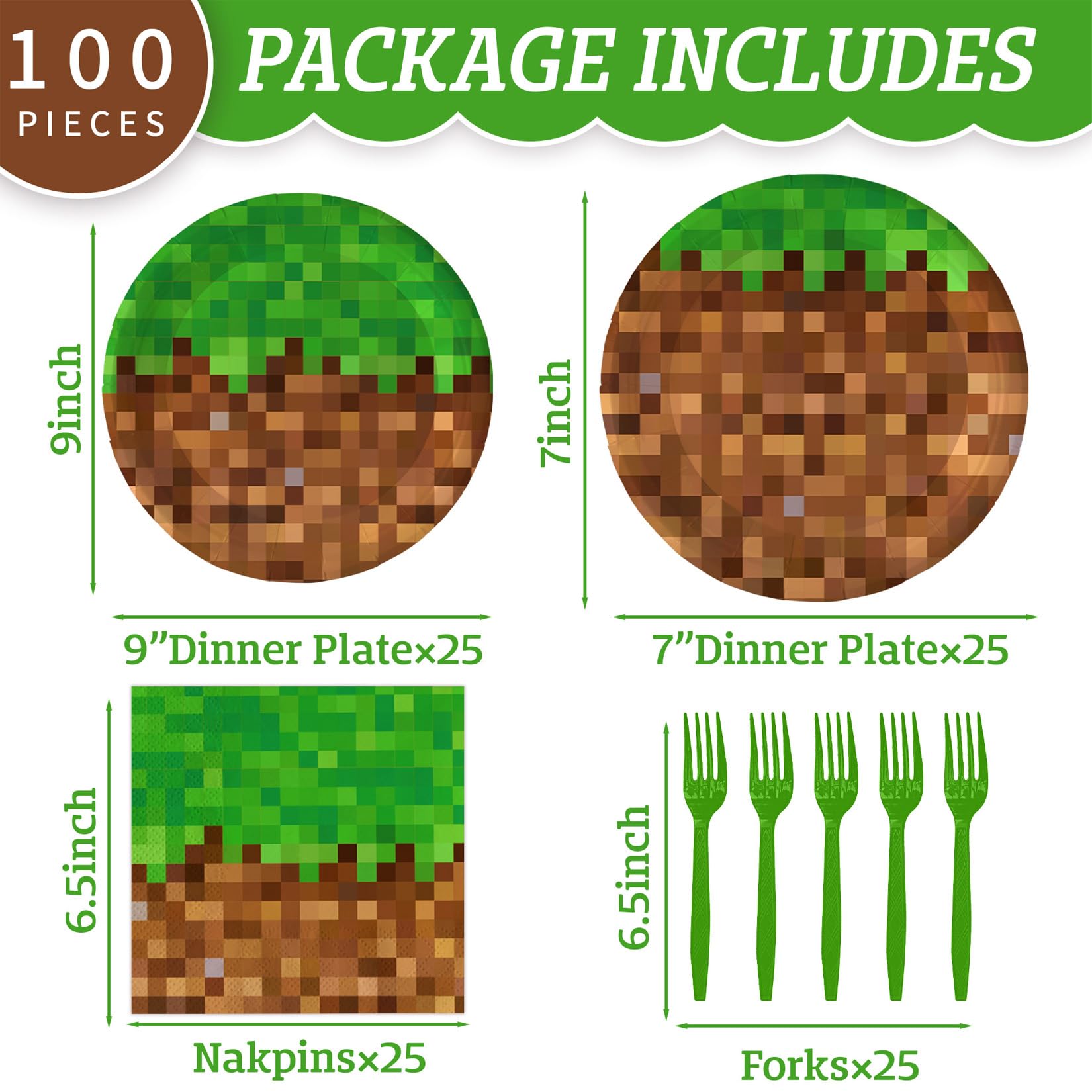 100Pcs Pixel Party Decorations Gamer Party Supplies for 25 Guests- Pixel Mining Craft Theme Disposable Birthday Party Tableware Pack Includes Plates, Napkins, Plastic Forks