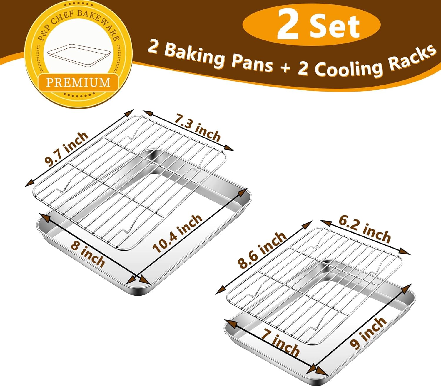 P&P CHEF Toaster Oven Pans Set - 10.4 & 9 Inch Stainless Steel Baking Trays with Racks | Non-Toxic & Dishwasher Safe