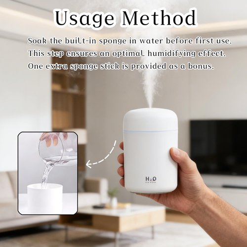 300ml USB Cool Mist Small Humidifier with Colorful Lights,Portable Mini Humidifier, Perfect for Bedroom, Office, Plants, travel & Car, White
