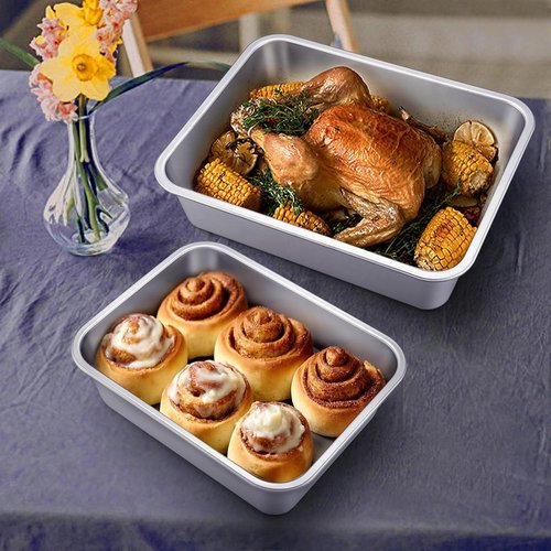 E-far Deep Lasagna Pan Set of 2 - Stainless Steel Roasting & Baking Pans | Non-Toxic, Dishwasher Safe, 12.75 x 10 & 10.6 x 8.3 Inches