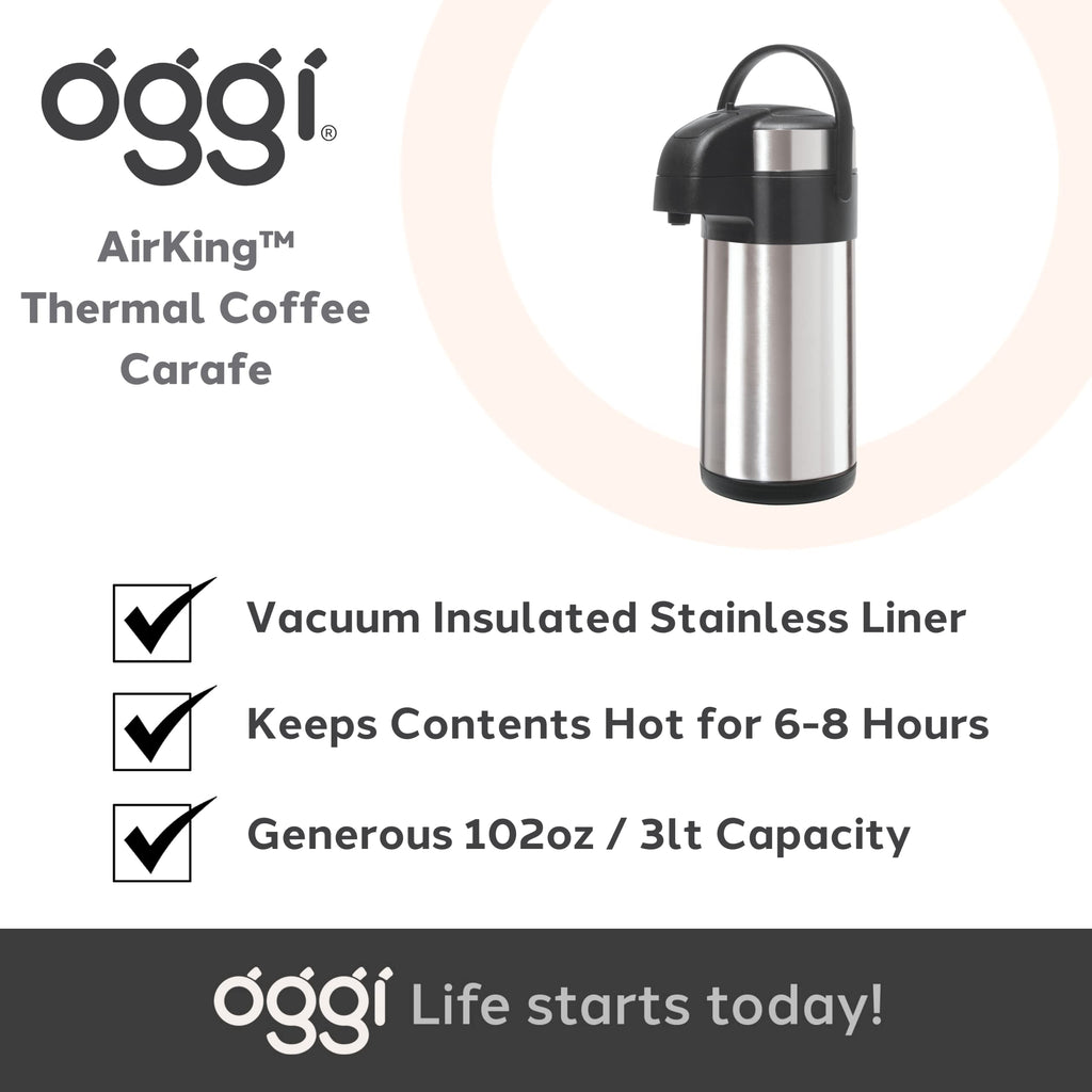 OGGI Airking 102oz Stainless Steel Thermal Coffee Carafe- Vacuum Container w/Lever Action Pump, Insulated Coffee Carafe, Thermos Carafe, Hot Beverage Dispenser, Catering Supplies, 3 Liters