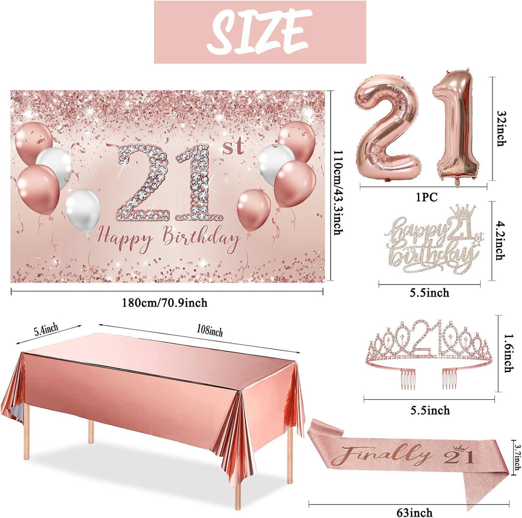 Trgowaul 21st Birthday Decorations - Rose Gold Banner, Sash, Crown & Cake Topper | Pink Balloons Set