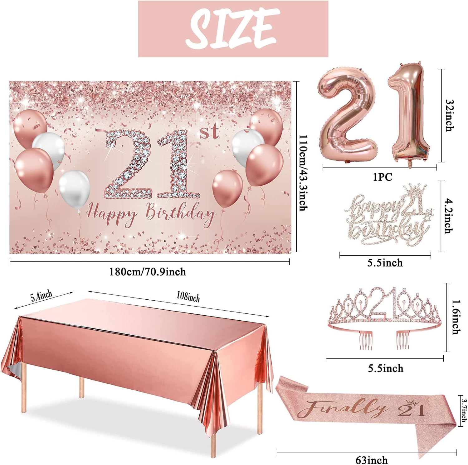 Trgowaul 21st Birthday Decorations - Rose Gold Banner, Sash, Crown & Cake Topper | Pink Balloons Set