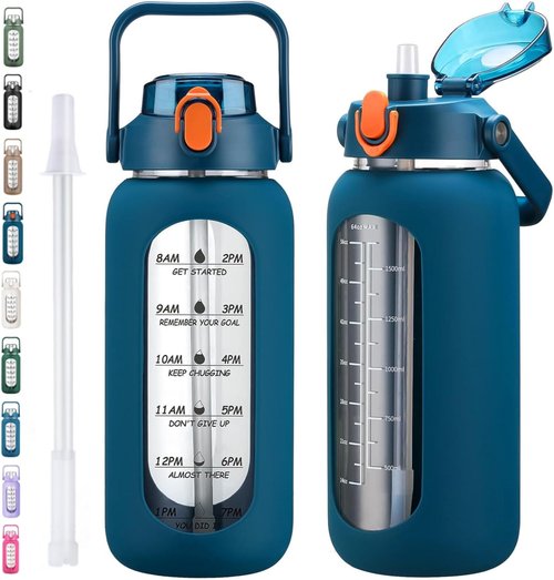 Kytffu 64oz Glass Water Bottle - Motivational Half Gallon Jug with Straw & Silicone Sleeve | Leakproof, Blue