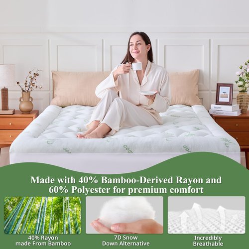 KRIMANO Queen Mattress Topper, Viscose Derived from Bamboo Thick Pillow Top Mattress Pad with Deep Pocket, Naturally Cooling for Hot Sleepers, Soft for Back Pain Relief, Green