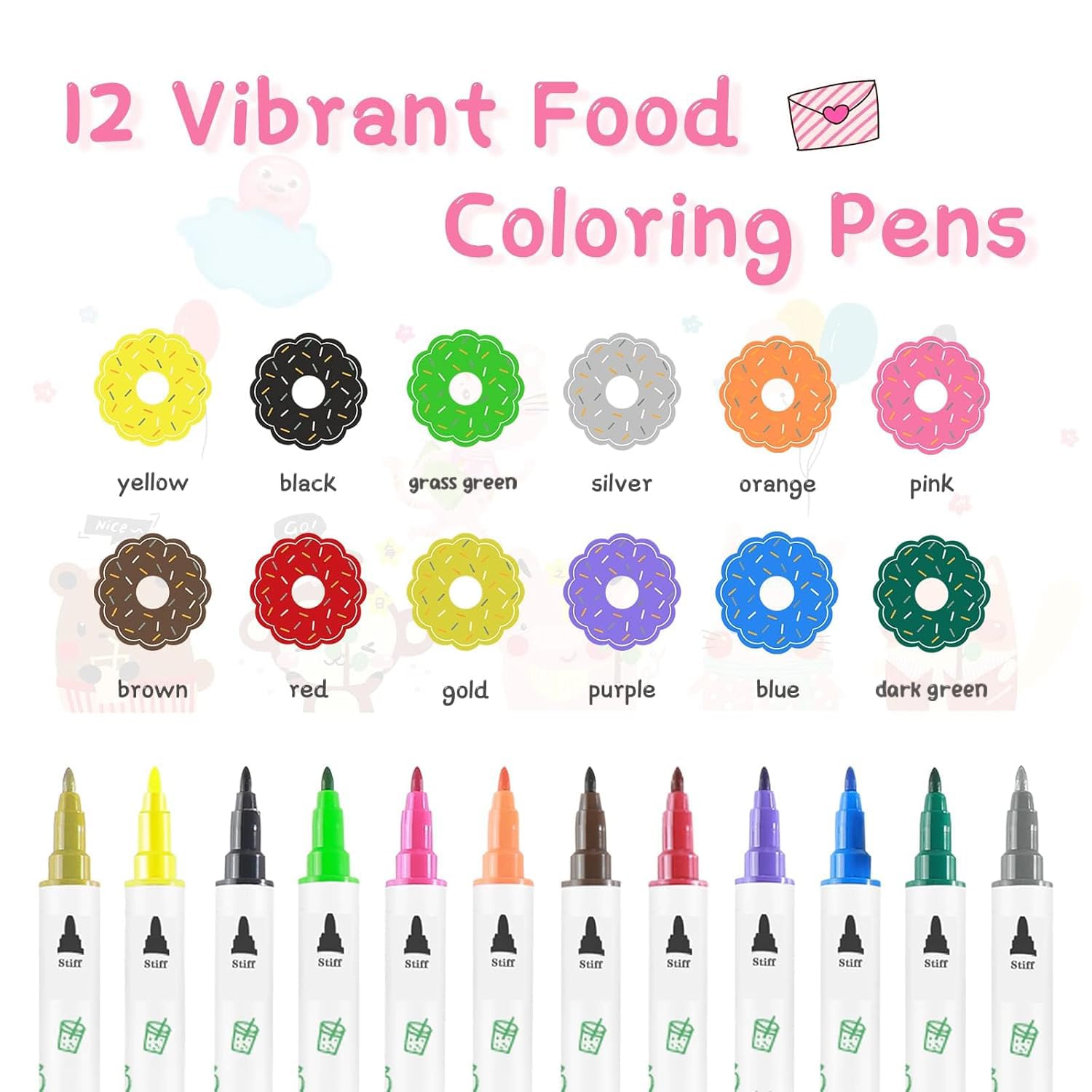 Treedoa Edible Markers - 12Pcs Food Coloring Pens for Cookie Decorating | Double-Sided Fine & Thick Tips