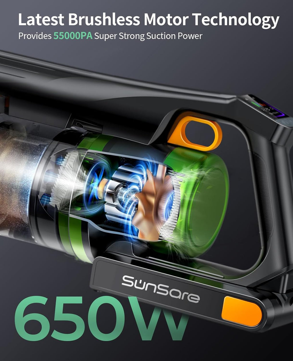 SunSare Cordless Vacuum Cleaner - 55KPa 650W Powerful Stick Vacuum for Home | 70 Minutes Runtime, Anti-Tangle Design