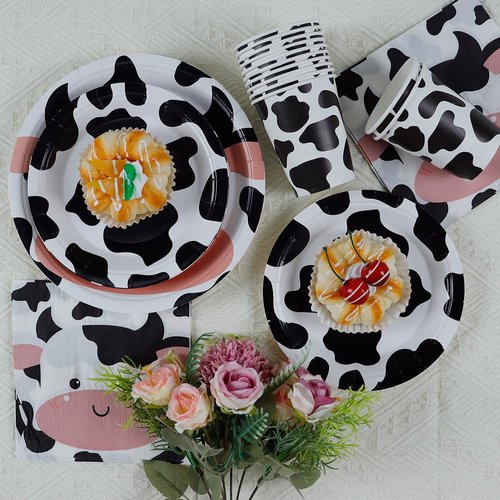 Sveikie 177pcs Cow Theme Birthday Party Decorations Set -cow party cow print plates and napkins, paper cup, Tablecloth, Banner, Black plastic silverware Serves 30