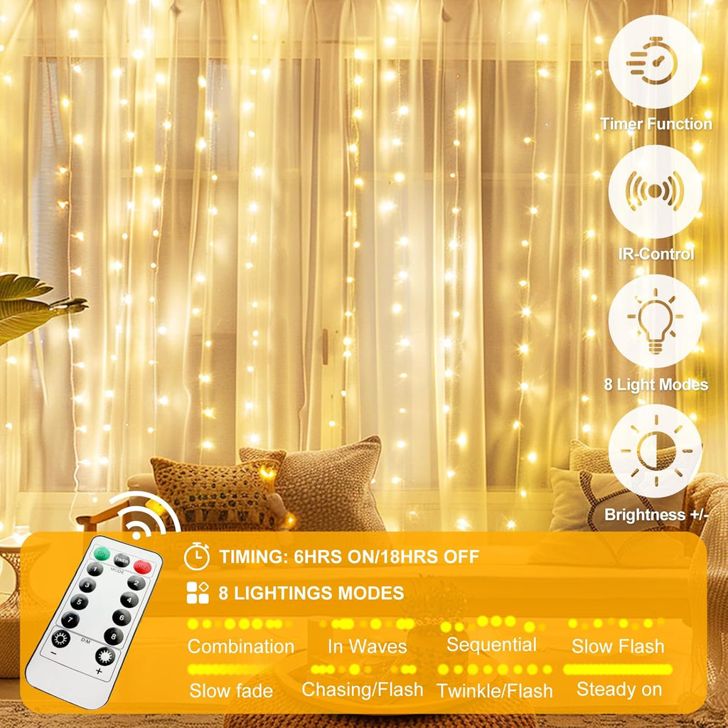 Skiennix 200 LED Fairy Curtain Lights - 6.6 x 6.6 FT Warm White USB Plug with Remote | 8 Modes for Indoor & Outdoor Decor