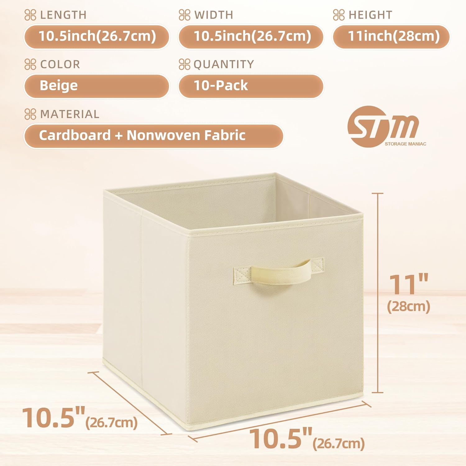 Storage Maniac Storage Cubes - 11-Inch Collapsible Bins with Handles | 10-Pack Beige Fabric Organizers