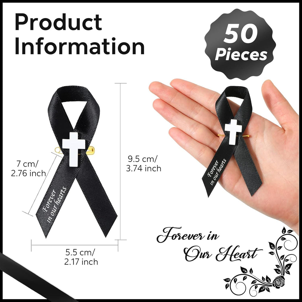 Regine Switzerland 50 Pcs Memorial Funeral Ribbons - Cross Pins for Mourning Events | Black