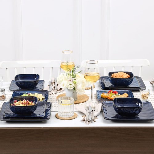 vicrays Ceramic Square 12 Pieces Dinnerware Set - Dinner Plates Salad Plates Cereal Bowls Set Service for 4 - Scratch Resistant Microwave Oven Dishwasher Safe - Blue