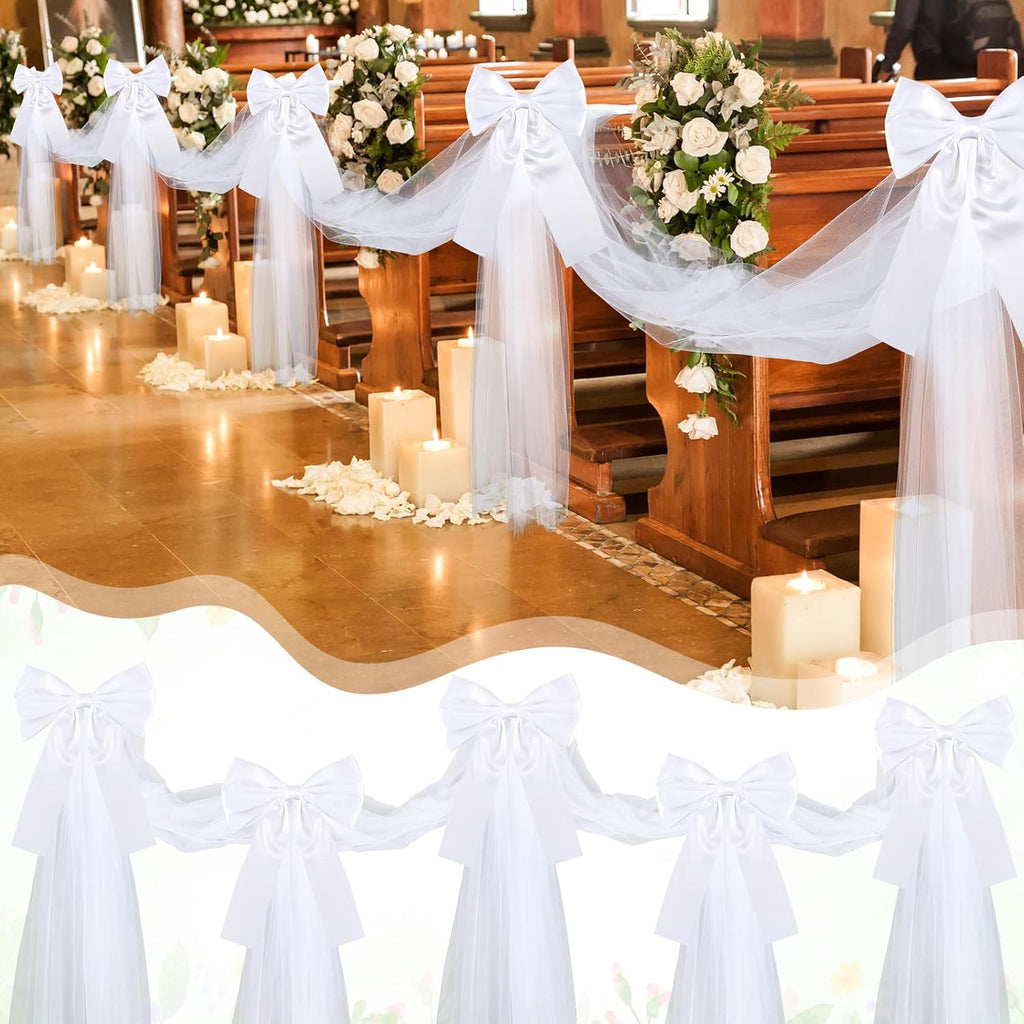 Skiennix Large White Wedding Pew Bows - 12 Pcs Satin Bows with Tulle Aisle Decor | 15.7 x 7.9 in