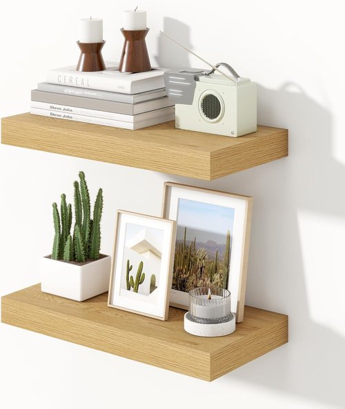 Heimlove 16-Inch Floating Shelves - Wall-Mounted Oak Wood Shelves for Bathroom, Bedroom & Office | Set of 2