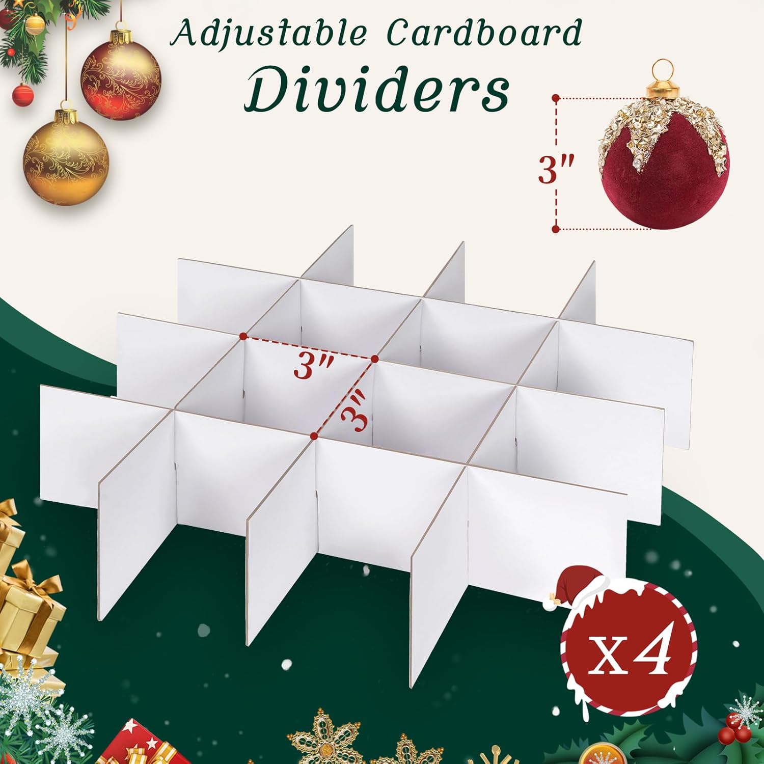 Skiennix Christmas Ornament Storage Box - Adjustable Dividers & Zippered Top | Holds 64 Ornaments (3 Inch)