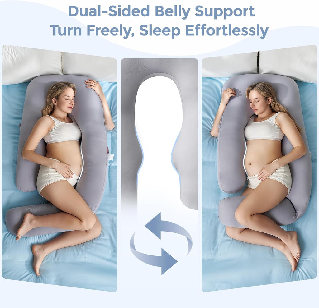 Momcozy Pregnancy Pillow - Cooling Cover & Adjustable Leg Support for Back, Hips, Belly | 50-72 Inch, Grey