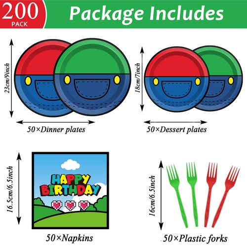 200pcs Super Brother Birthday Party Supplies Super Brother Plates Disposable Paper Tableware Super Bro Plates Napkins with Fork Super Bro Decoration Super Video Games Tableware for Kids Baby Shower