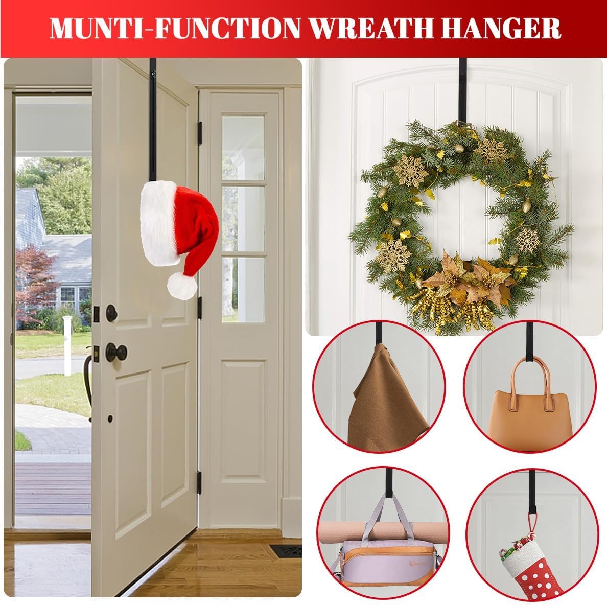 Metal Wreath Hanger - Adjustable Over-the-Door Hook | Heavy Duty, Holds Up to 20 lbs, 12-20”