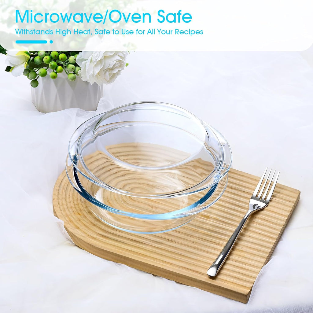 Skiennix 2-Piece Glass Casserole Dish Set - 1 Liter Round Oven Safe Bakeware with Lid & Handles