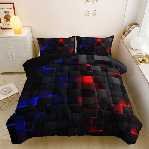 QOOMO Geometric Kids Bedding Set, 3D Neon Square Quilt Set Bedroom Decoration，Blue Red Cubes Boy Bed Set,Abstract Queen Bed Comforter Sets,Lightweight Fluffy Down Duvet(1 Comforter & 2 Pillowcases)