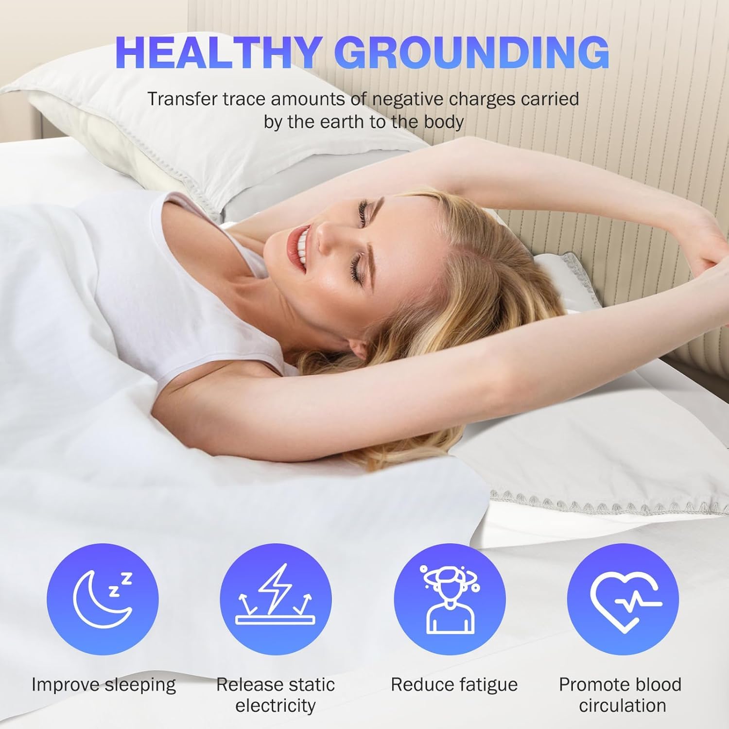 OneAmg Grounding Sheets Queen Size, Grounded Fitted Bed Sheet 10% Pure Silver Fiber + 90% Organic Cotton Bed Grounding Kit with grounding Cord for Improved Sleep & Wellness (White,80"x60"x15")
