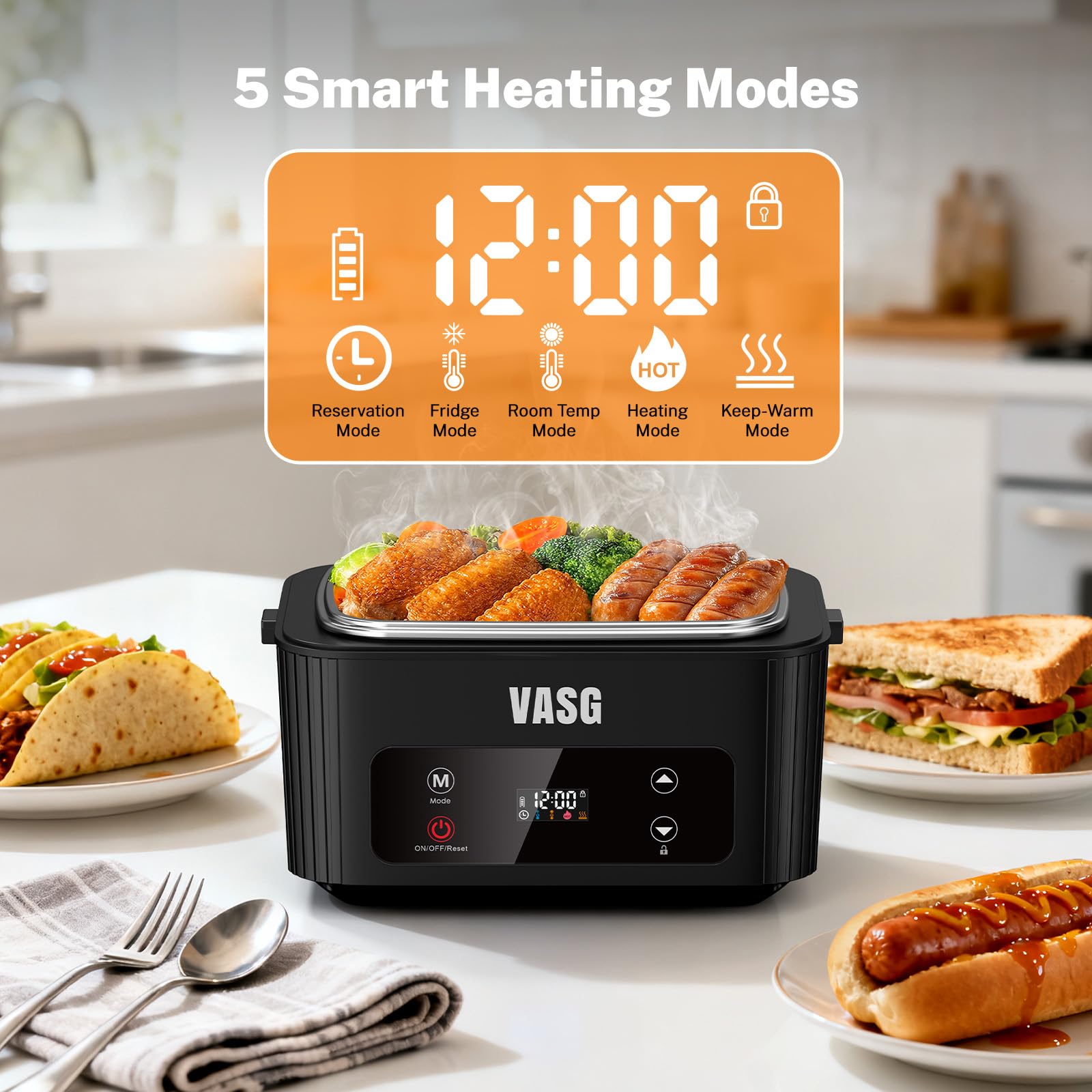 VASG 2026 Upgraded Cordless Heated Lunch Box for Adults, XXL 5.1-Cup Electric Lunch Box with 360° Surround Rapid Heating, 12000mAh Portable Food Warmer with Timer, LCD Display for Office & Car