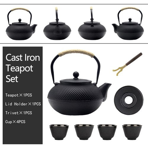 Big Cast Iron Teapot, Japanese Tetsubin Tea Kettle for Stovetop Safe, Cast Iron Teapot with Stainless Steel Infuser for Loose Tea and a Fully Enameled Interior (1500ml Tea Set with Cups)