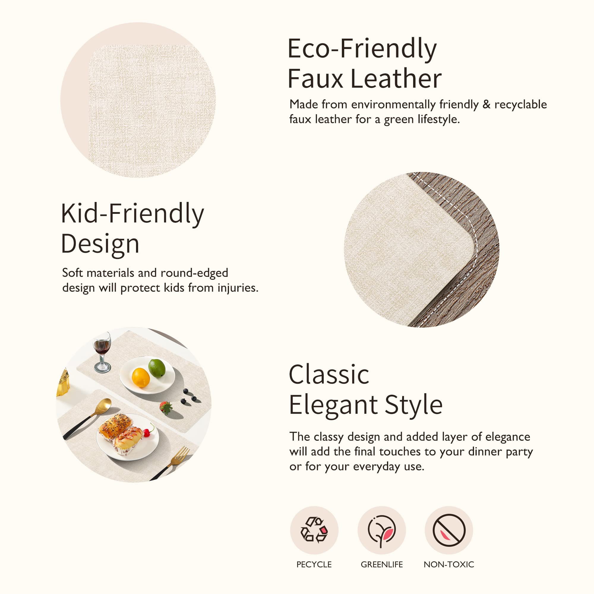 Maxpearl Faux Leather Placemats Set of 8 – Waterproof, Wipe Clean, Heat Resistant, Non-Slip Dining Table Mats for Indoor & Outdoor Use, 17”×12”, Beige