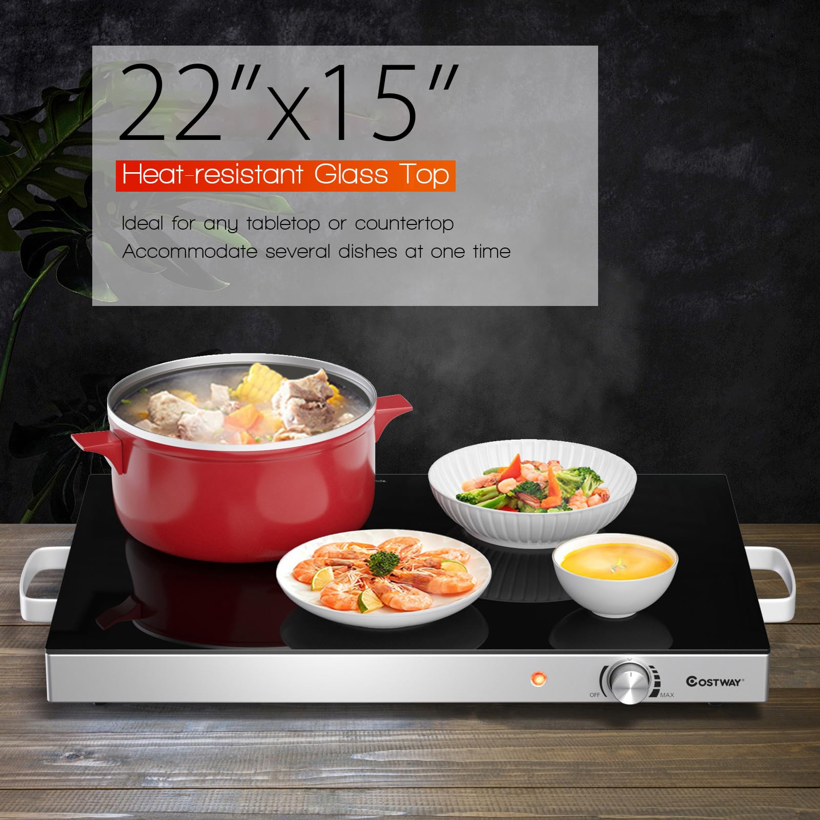 COSTWAY Electric Food Warming Tray, 25" x 15" Food Warmer for Parties with Adjustable Temperature Control, ETL Certified, Tempered Glass Surface, Electric Hot Plate for Buffets, Restaurants (1)
