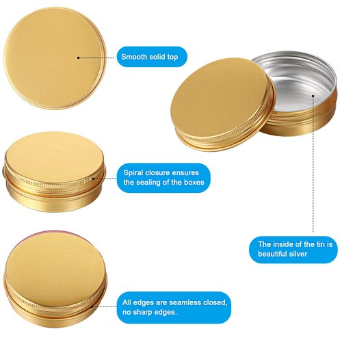 Patelai 72 Pcs 2 oz Aluminum Tins Salve Containers with Screw Lid and Labels Round Cans Travel Cosmetic Metal Tins Jar for Candles Lotion Bars Balms Food Spice Candies DIY Crafts(Gold)