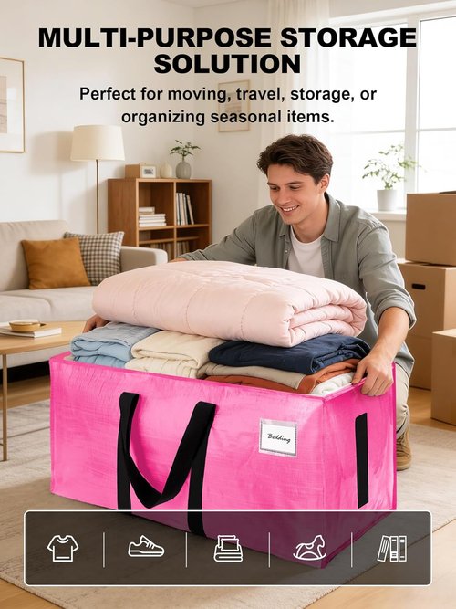 Large Moving Bags by [Brand Name] - 12 Pack Water-Resistant Heavy Duty Storage Totes - Space-Saving Design (Pink)