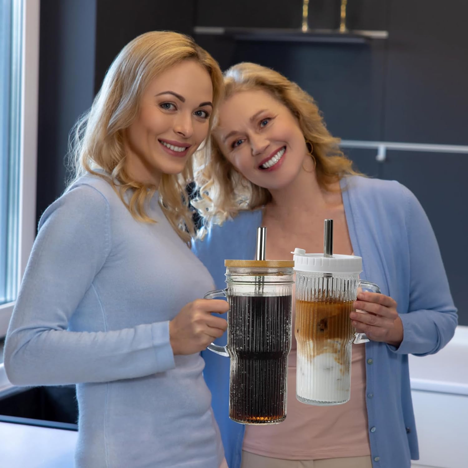 Birity 24oz Ribbed Glass Cup Set - Reusable Tumbler with Lids & Straws | Perfect for Iced Coffee, Smoothies & More