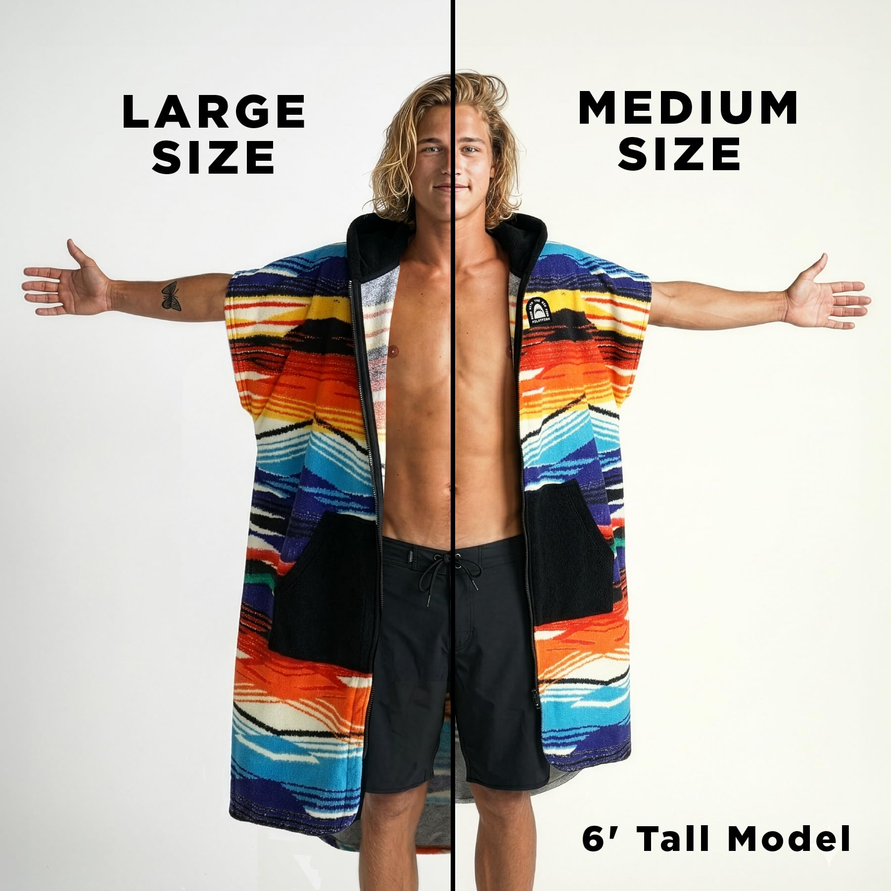Pilotfish Surf Poncho Changing Robe Towel - Hooded, Zippered Towel Poncho for Beach, Surfing, Swimming | 2 Front Pockets, Machine Washable, (Mocha Serape, Large)