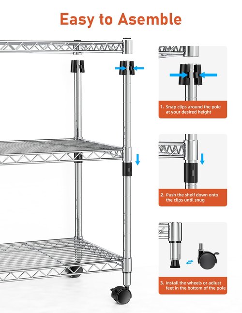 Simple Deluxe Heavy Duty 3-Shelf Shelving Unit with Wheels, Adjustable Steel Wire Shelving, Chrome Metal Shelf Organizer for Kitchen Organization and Storage, 750 lbs Capacity