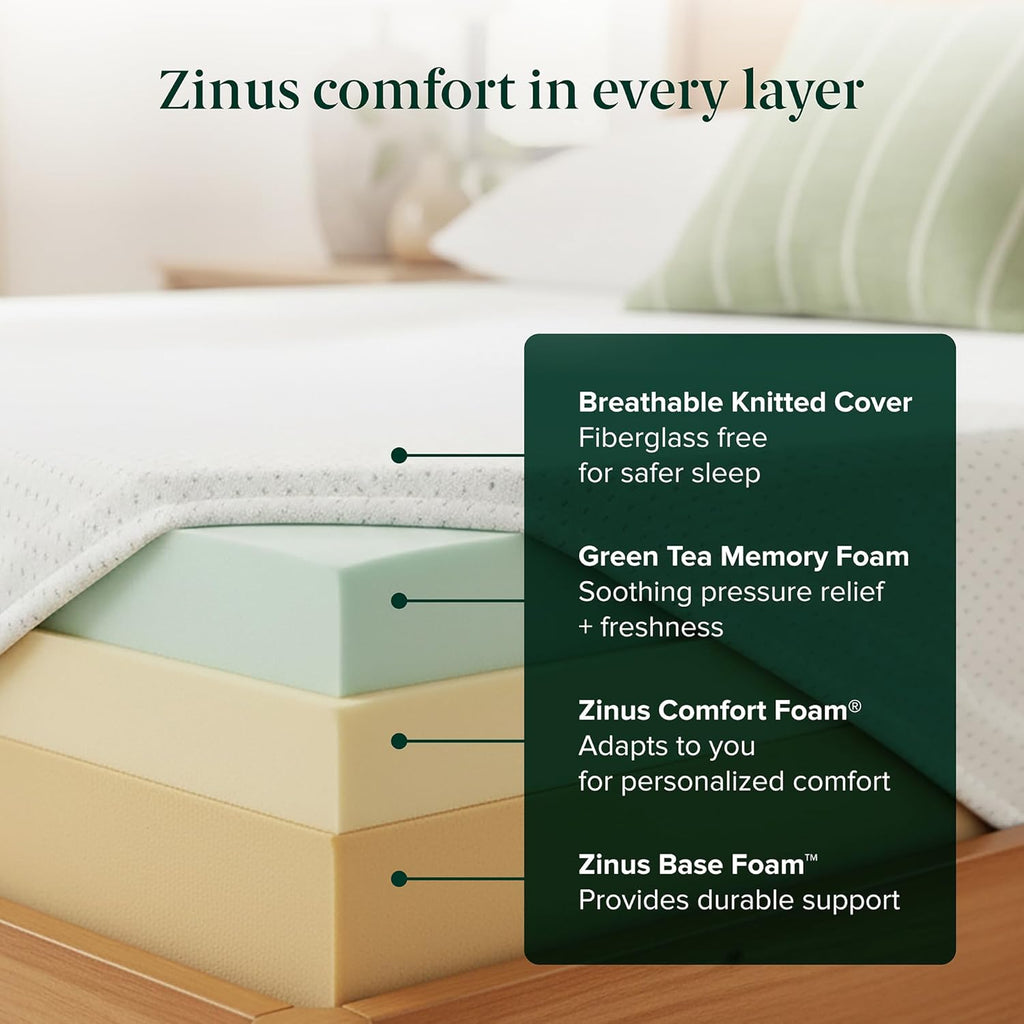 Zinus 6 Inch King Green Tea Memory Foam Mattress - Medium Firm, Zoned Pressure Relief, Fiberglass Free